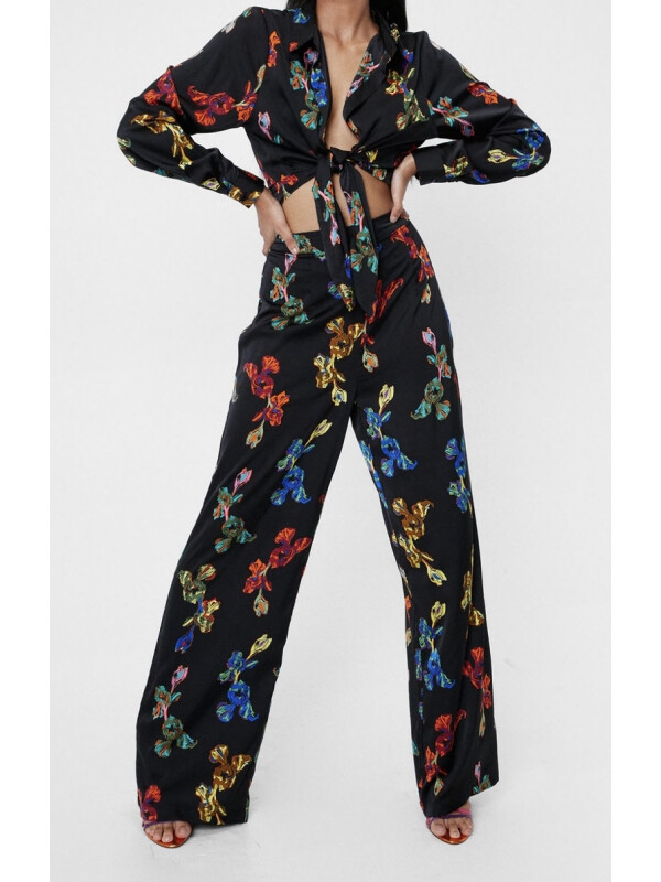 Pantaloni largi cu talie înaltă cu imprimeu floral