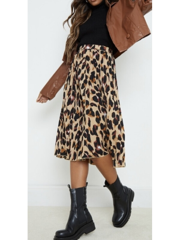 FUSTA MIDI CU PLURI SATINĂ CU IMPRIMARE LEOPARD