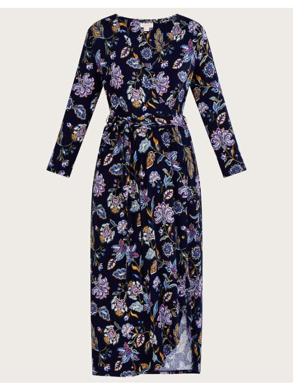 Rochie petrecută albastră din jerseu cu nervuri și imprimeu floral