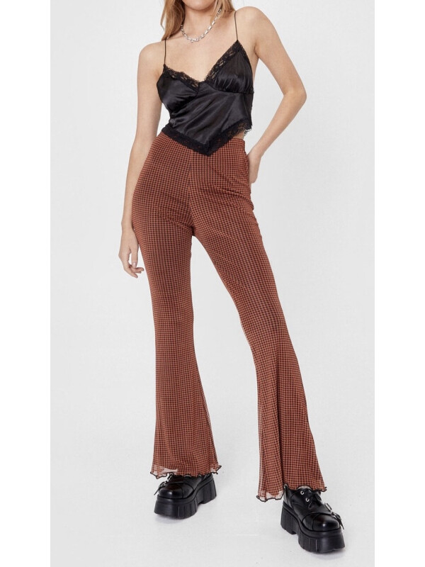 Pantalonii evazați cu talie înaltă din plasă Gingham 