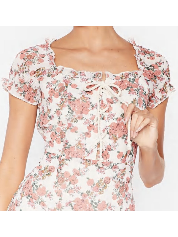 Rochie mini cu mâneci bufante cu flori