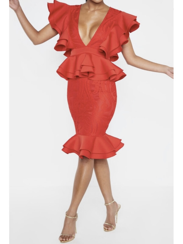 ROCHIE MIDI CU DETALII VOLANE ROSIE L