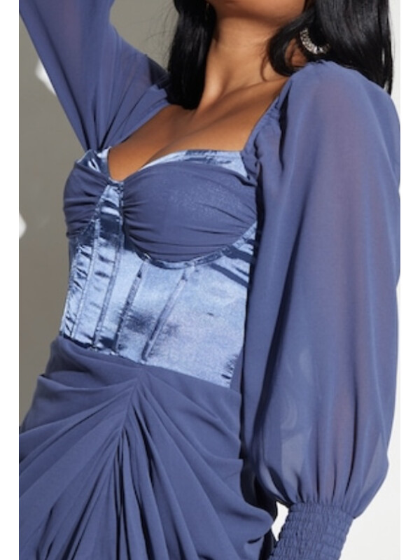 ROCHIE MIDI DRAPATĂ DE SATIN ALBASTRU MINERAL 