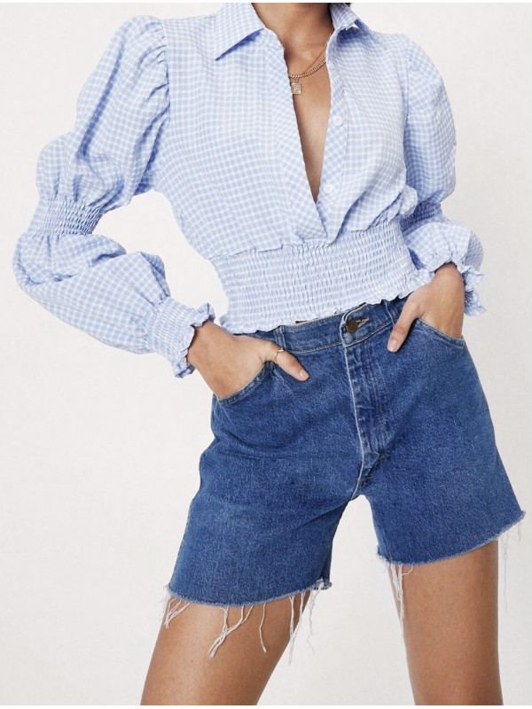 Cămașă decupată cu talie încrețită cu imprimeu Gingham