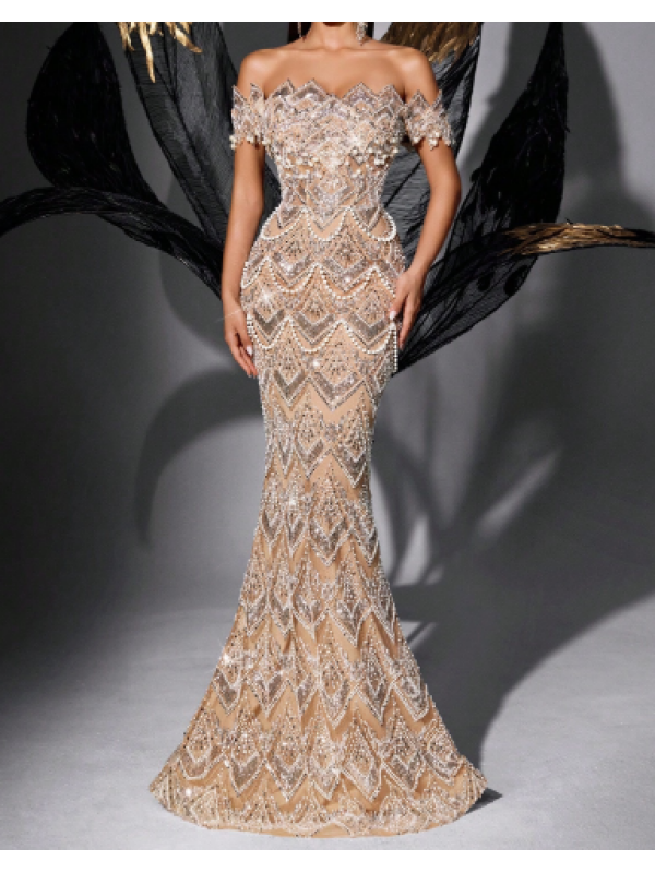 Rochie elegantă de petrecere cu paiete și mărgele, cu umeri goi