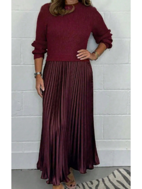 Rochie midi plisată,  cu mânecă lungă