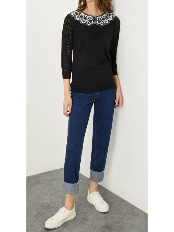 Pulover cu guler contrastant din tricot și cusături, din poliester reciclat-Negru-XL