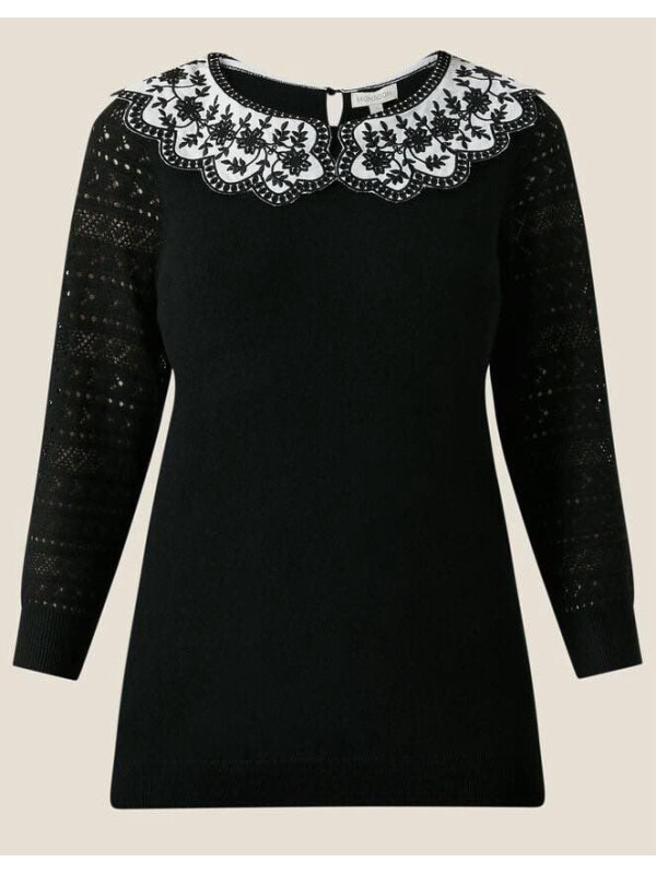 Pulover cu guler contrastant din tricot și cusături, din poliester reciclat-Negru-XL