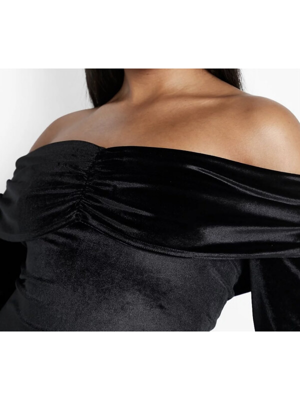 Plus Rochie midi Bardot cu maneca lunga din catifea