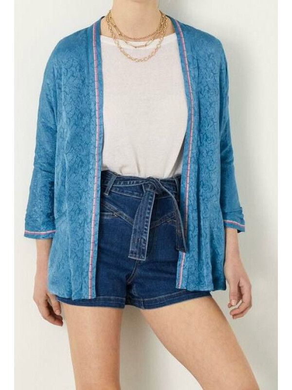 Kimono Bella decorat cu detalii strălucitoare-Albastru-XL