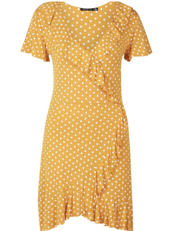 Rochie de ceai cu volane în față cu buline