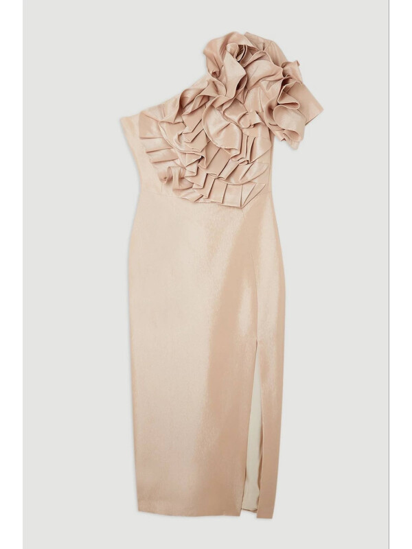 Rochie maxi Bardot lungă, din tafta metalică, decorată cu rozetă-Crem-42