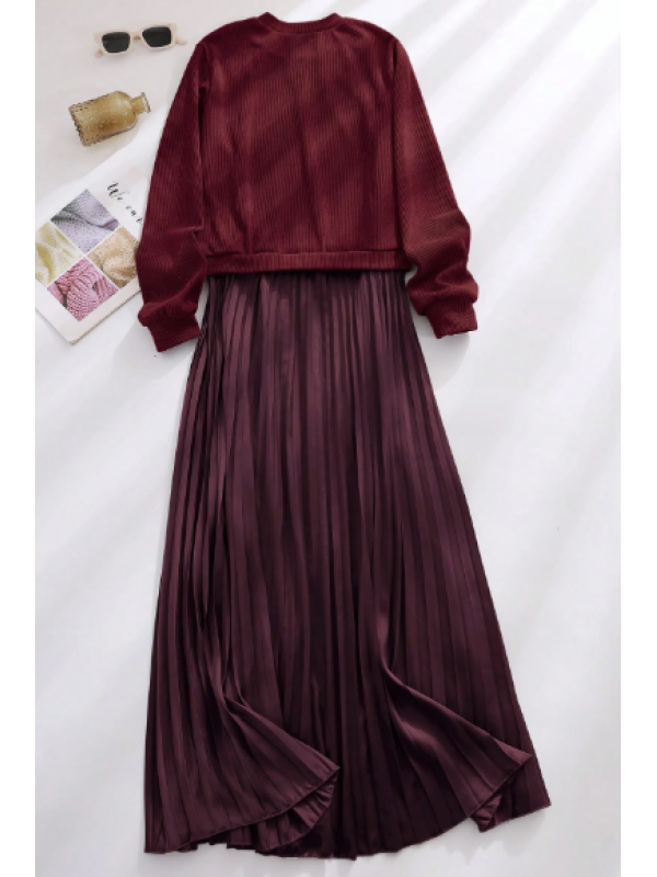 Rochie midi plisată,  cu mânecă lungă