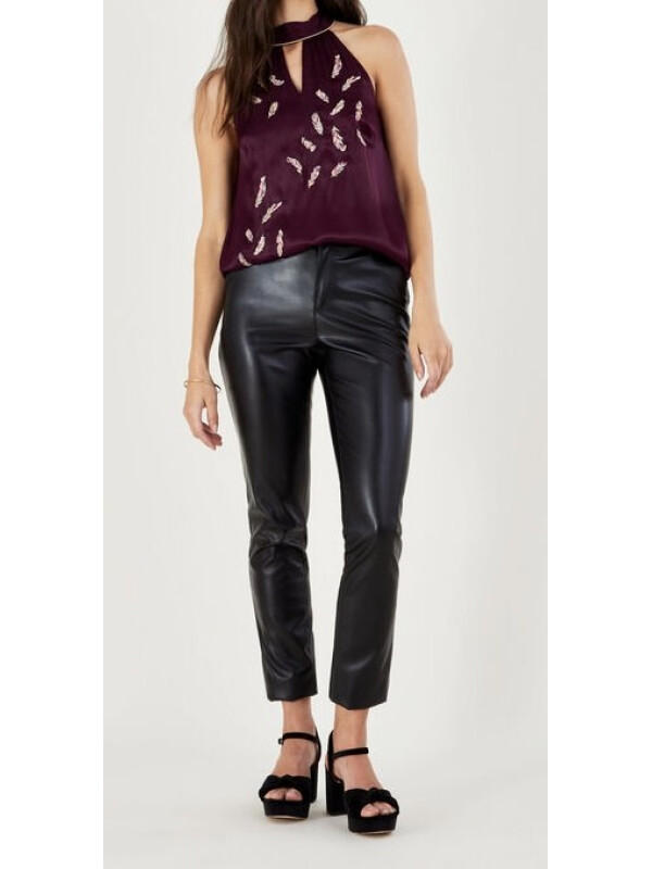 Top mov Simone cu guler halter, broderie și pene