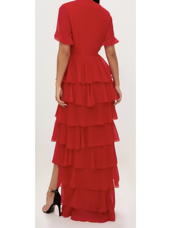 ROCHIE MAXI ȘIFON ROSĂ, STRAT CU VOLANE