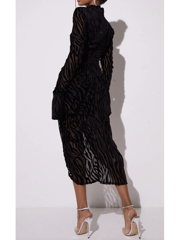 ROCHIE MIDI DRAPATĂ BLACK ZEBRA DEVORE CU GÂT ÎNALT