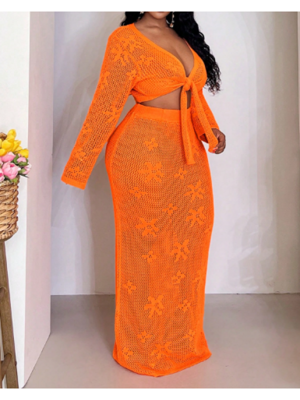 Set de fuste și top din tricot cu goluri 