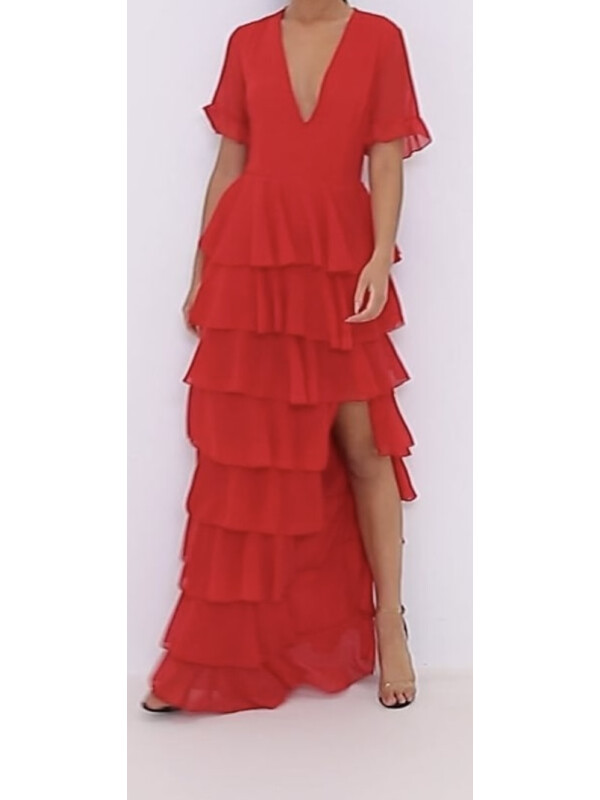 ROCHIE MAXI ȘIFON ROSĂ, STRAT CU VOLANE