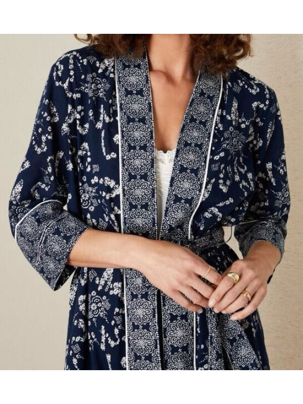 Halat ARTISAN STUDIO cu imprimeu realizat manual-Bleumarin-L