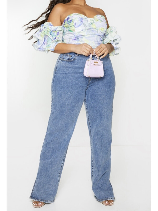 PLUS CROP TOP BARDOT ALB CU MANECĂ BUFANTA, FLORALĂ