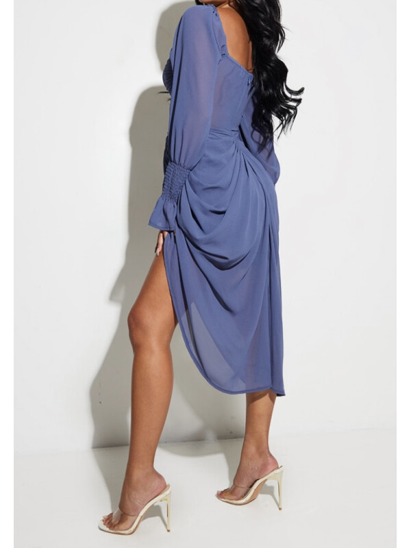 ROCHIE MIDI DRAPATĂ DE SATIN ALBASTRU MINERAL 