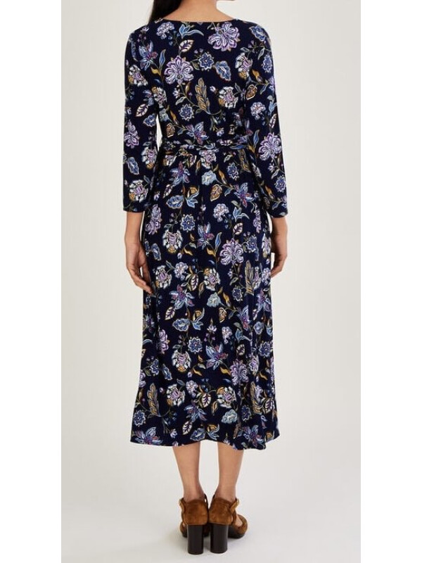 Rochie petrecută albastră din jerseu cu nervuri și imprimeu floral-Bleumarin-42