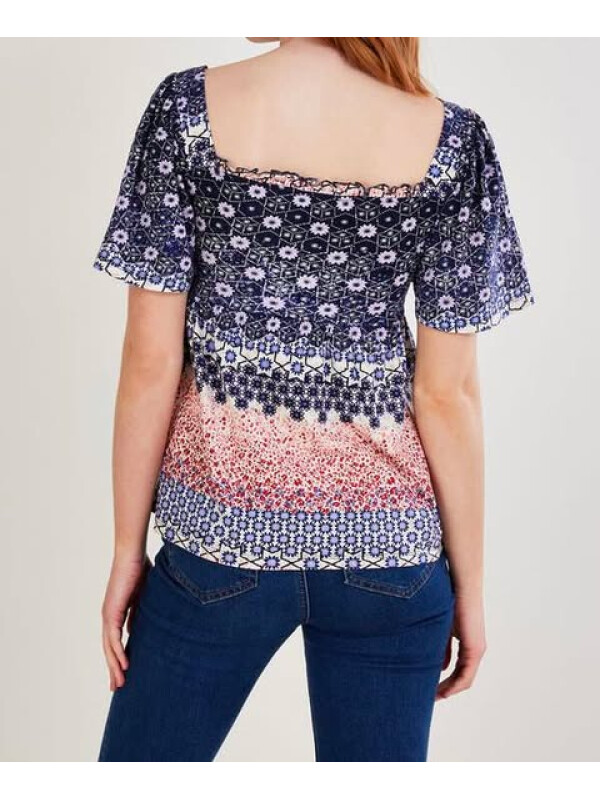 Bluză din jerseu cu imprimeu floral și fronseuri-Multicolor-S