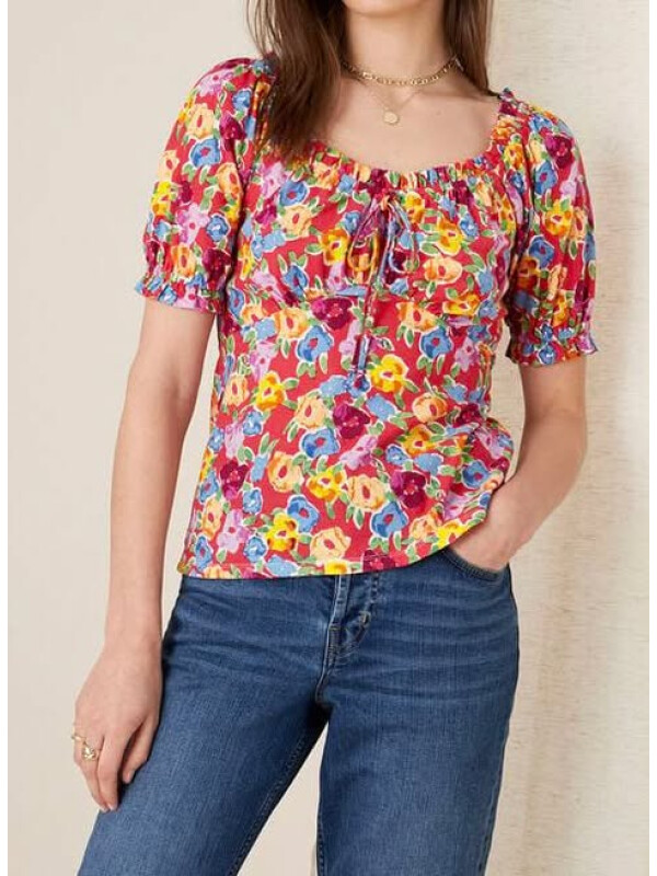 Top roșu din jerseu cu imprimeu floral și decolteu in formă de inimă-Rosu-L