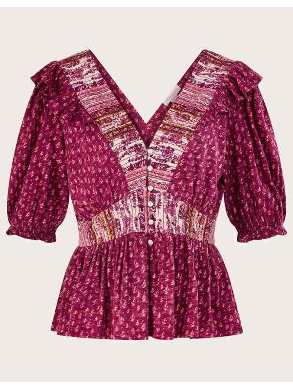 Top roz cu decolteu adânc în V și mâneci cu volane