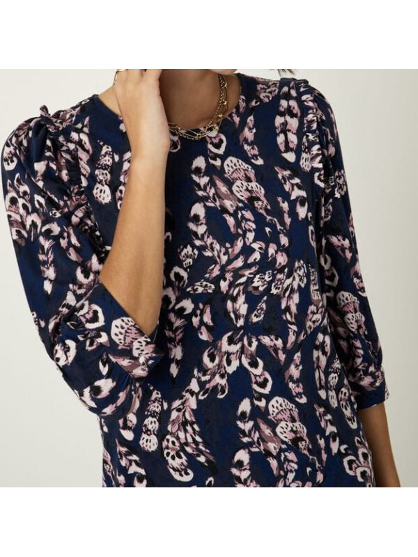 Bluză albastră cu mâneci lungi și imprimeu cu pene