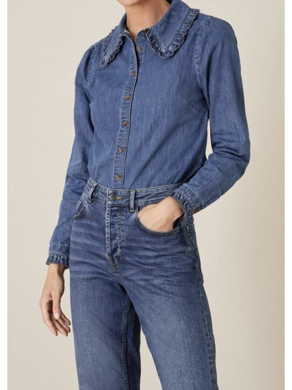 Cămașă din denim albastru cu guler cu volănașe-Albastru-48
