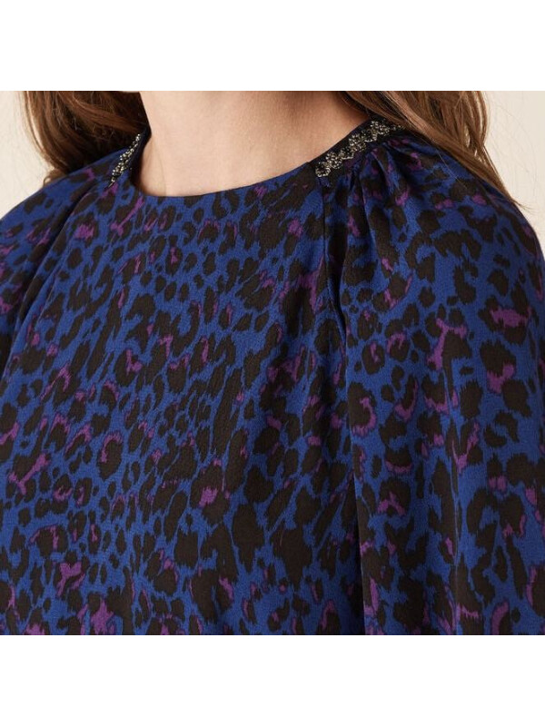 Bluză mărgele cu imprimeu animal-Albastru-M