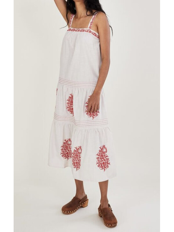 Rochie cu bretele late, broderie paisley, culoare ivory