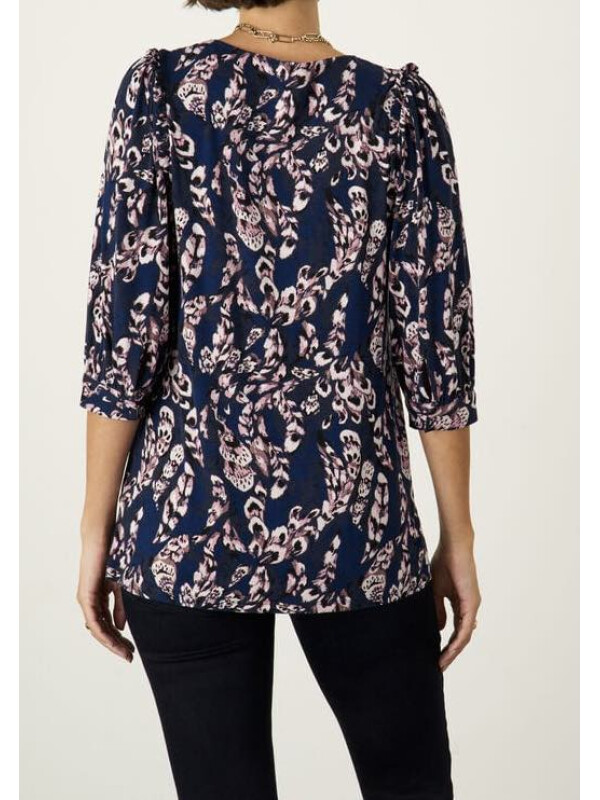 Bluză albastră cu mâneci lungi și imprimeu cu pene-Bleumarin-S
