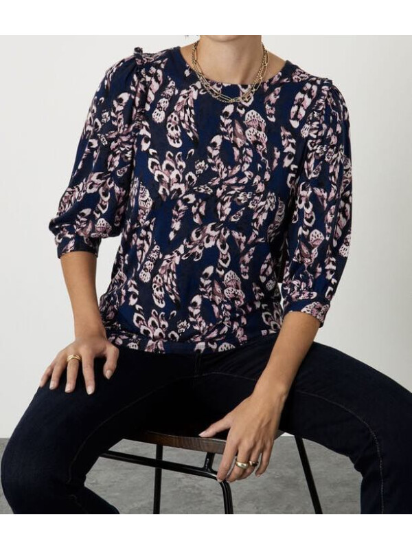 Bluză albastră cu mâneci lungi și imprimeu cu pene