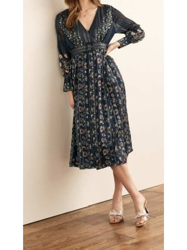 Rochie midi înflorată bleu marin cu detalii la gât și curea sclipitoare -Bleumarin-44