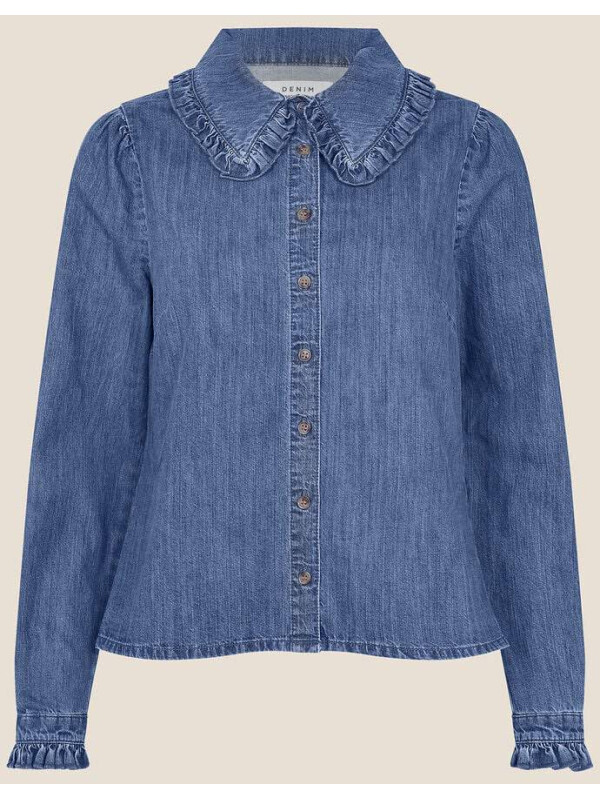 Cămașă din denim albastru cu guler cu volănașe-Albastru-48