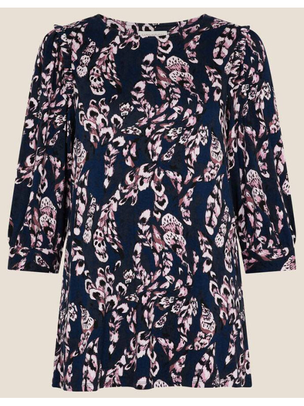 Bluză albastră cu mâneci lungi și imprimeu cu pene