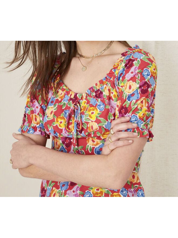 Top roșu din jerseu cu imprimeu floral și decolteu in formă de inimă-Rosu-L