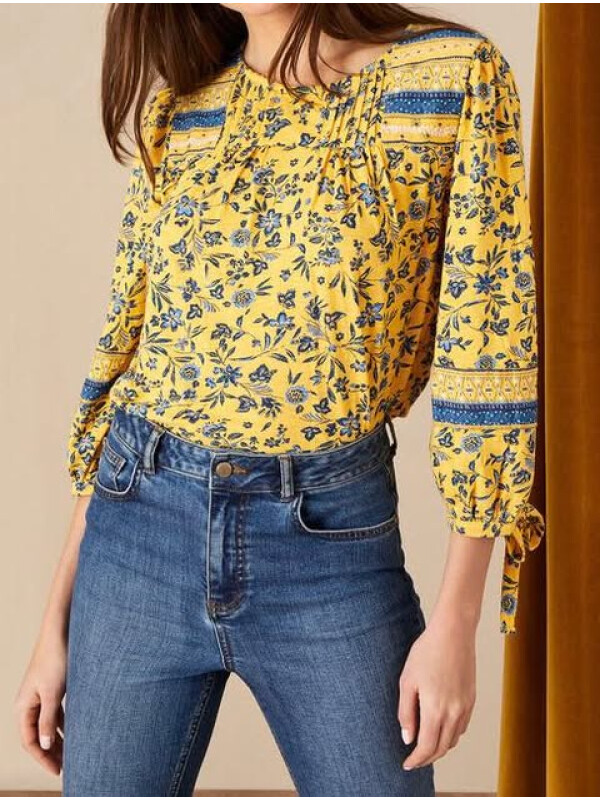 Bluză galbenă lejeră, cu detalii la guler și șnururi la mâneci -Galben-XL
