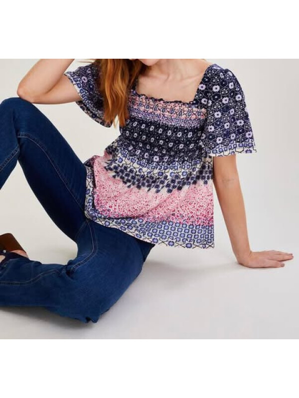 Bluză din jerseu cu imprimeu floral și fronseuri-Multicolor-S