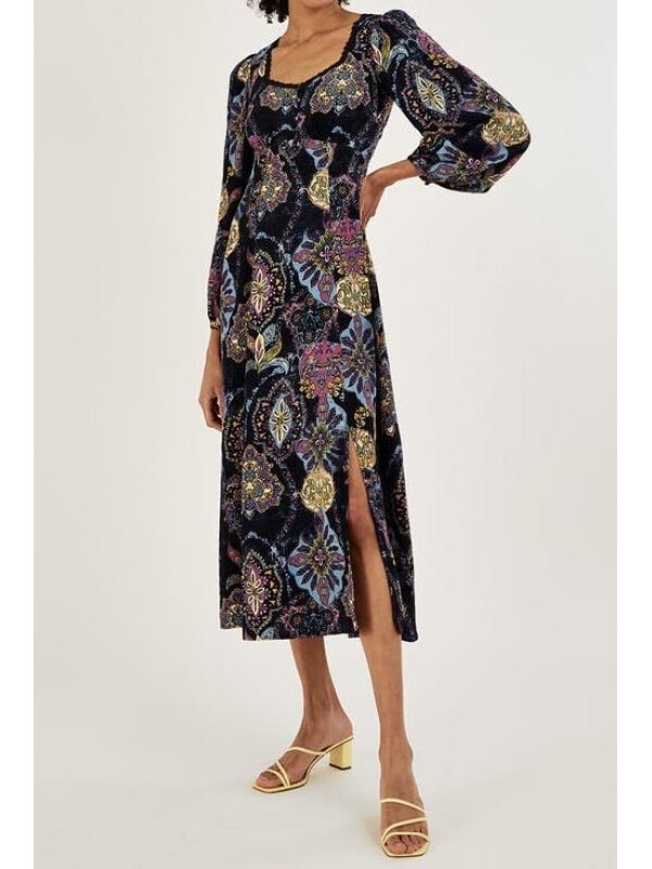 Rochie Print Tea cu imprimeu medalion din viscoză sustenabilă-Negru-44