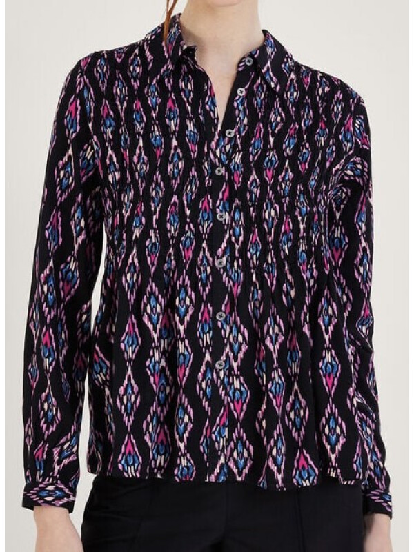 Bluză cu imprimeu Ikat și fronseuri, realizată din LENZING™ ECOVERO™