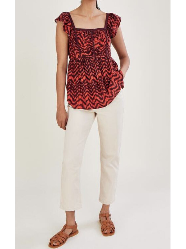 Top cu print animal zig-zag și bust cu fronseuri