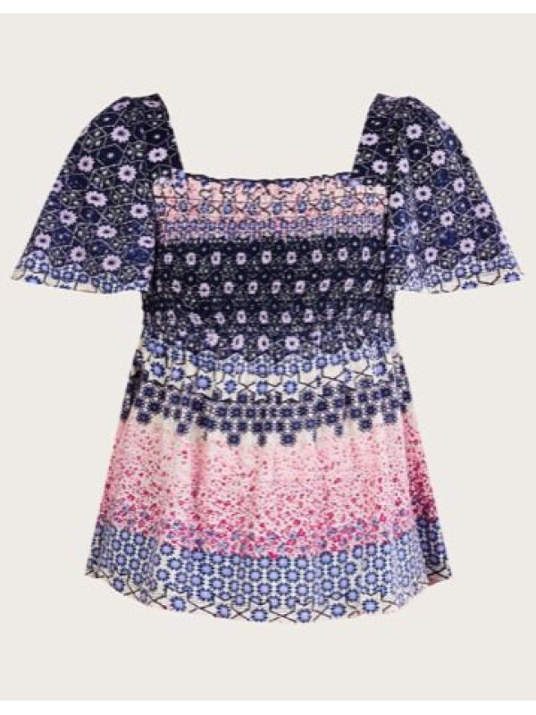 Bluză din jerseu cu imprimeu floral și fronseuri-Multicolor-S