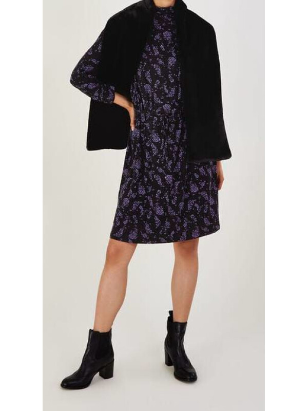 Rochie neagră din jerseu cu imprimeu de pene și guler înalt-Negru-M