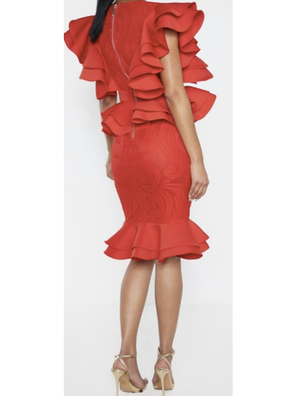 ROCHIE MIDI CU DETALII VOLANE ROSIE L