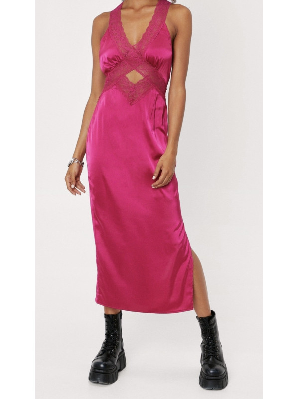 Rochie midi de damă din satin roz 