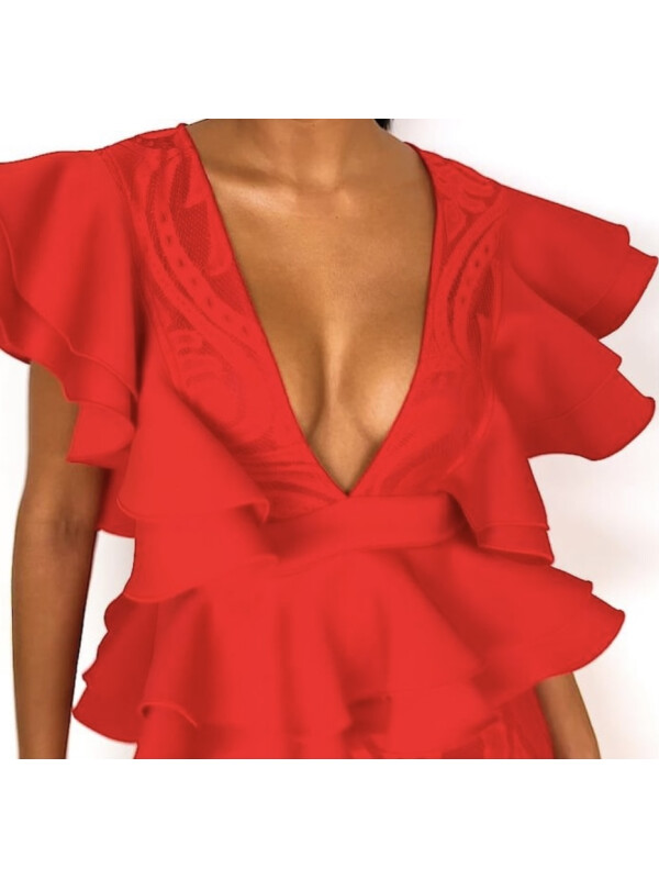 ROCHIE MIDI CU DETALII VOLANE ROSIE