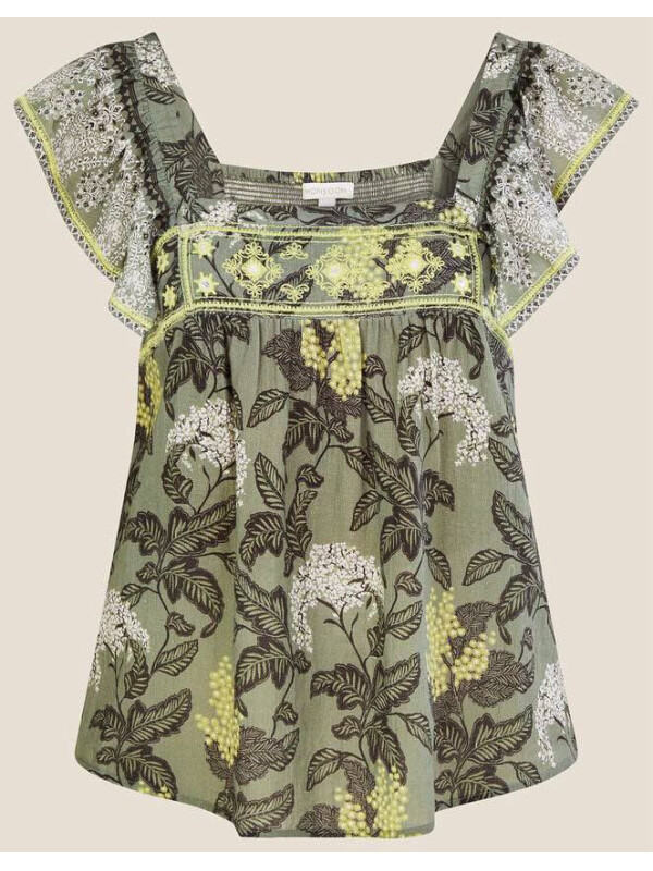 Top fără mâneci verde, cu imprimeu vintage, decolteu pătrat și broderie-Verde-L